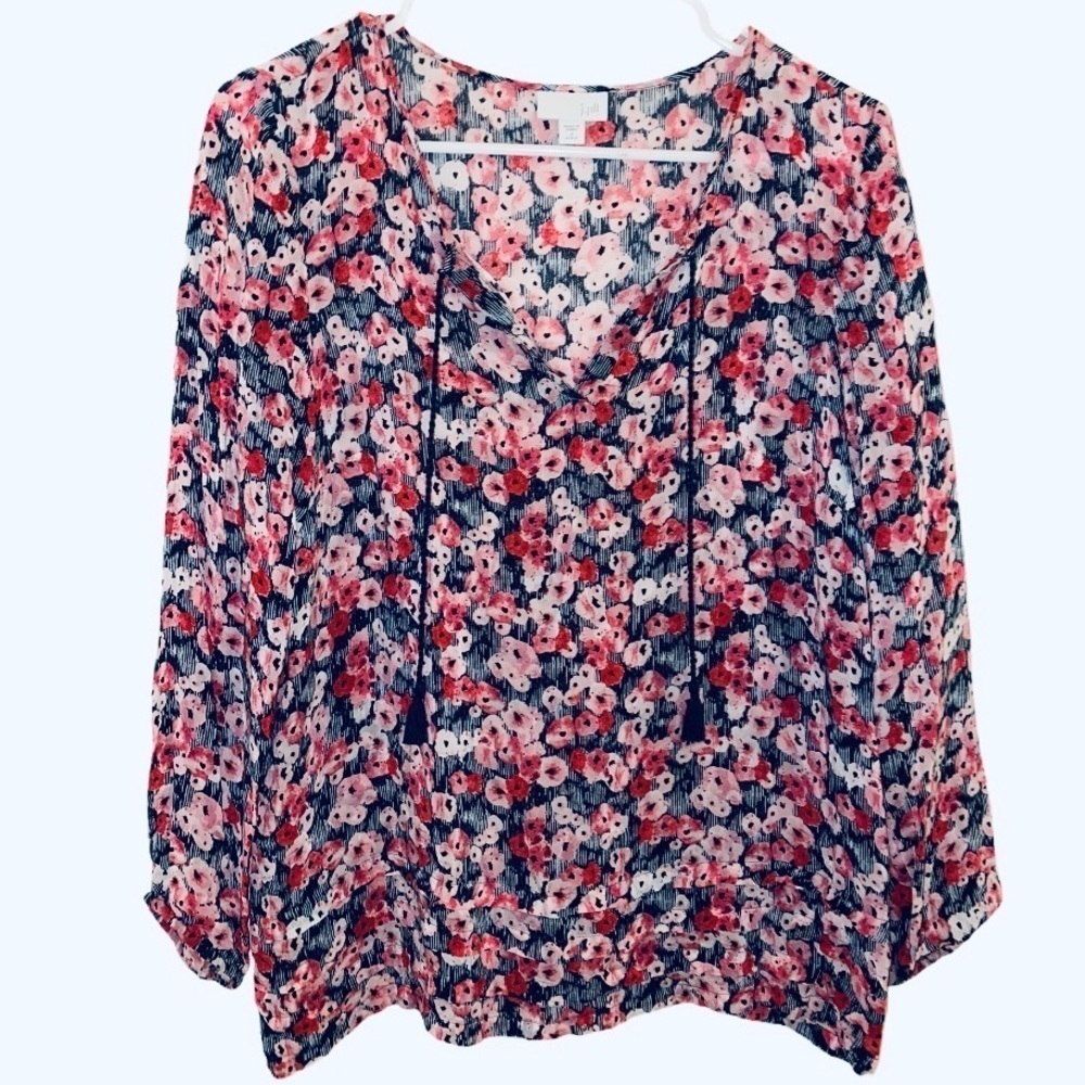 J. JILL Floral Stripe Ruffle Tassel Blouse Size Small Petite